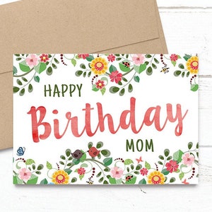 PRINTED Floral Watercolor Happy Birthday Mom 5x7 Greeting Card - Flowers Notecard
