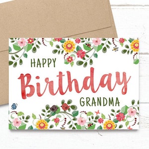 PRINTED Floral Watercolor Happy Birthday Grandma 5x7 Greeting Card - Flowers Notecard