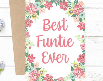 Best Funtie Ever - Mother's Day / Birthday / Any Occasion -  5x7 PRINTED Floral Watercolor Greeting Card - Flowers Notecard