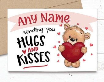 Customized - ANY NAME - sending you hugs and kisses - Mother's Day / Birthday / Valentine's / Any Occasion - 5x7 PRINTED Bear Greeting Card