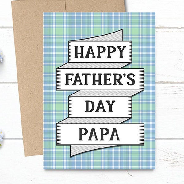 PRINTED Personalized - Happy Father's Day Papa -  Scrolling Ribbon Banner -  5x7 Greeting Card - Blue / Green Plaid Notecard