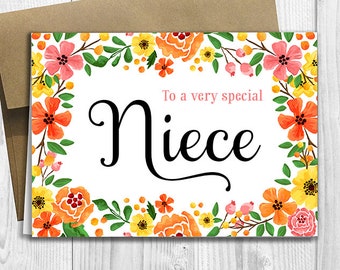To a very special Niece - Mother's Day / Birthday / Any Occasion -  5x7 PRINTED Greeting Card - Spring Flowers Floral Notecard