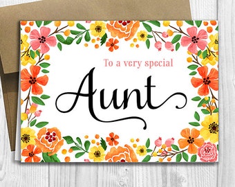 To a very special Aunt - Mother's Day / Birthday / Any Occasion -  5x7 PRINTED Greeting Card - Spring Flowers Floral Notecard