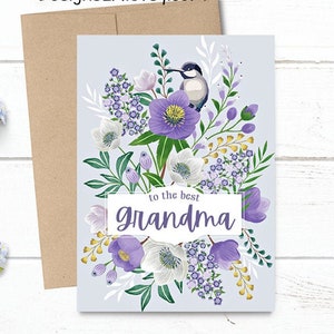 Customized to the best Grandma Mother's Day / Birthday / Any Occasion 5x7 PRINTED Purple Floral with Bird Greeting Card Notecard image 1