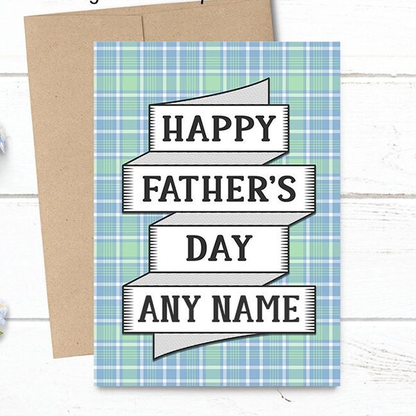 PRINTED Personalized Custom Happy Father's Day ANY NAME -  Scrolling Ribbon Banner -  5x7 Greeting Card - Blue / Green Plaid Notecard