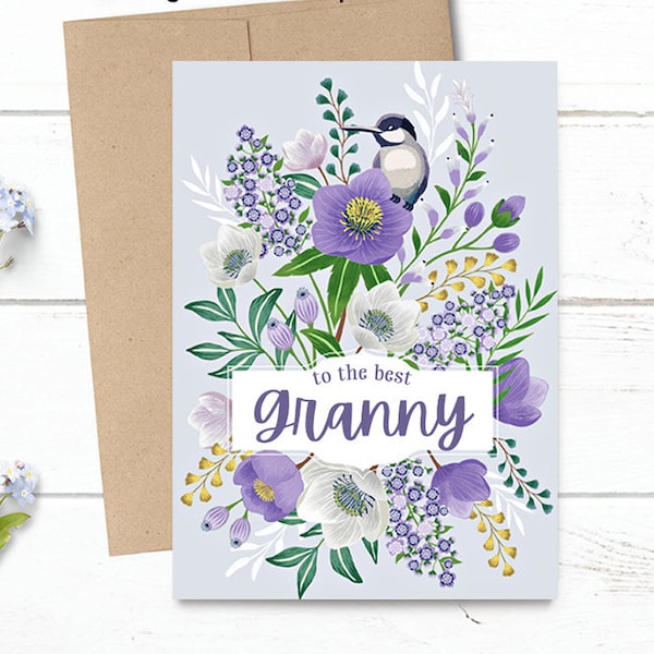 Customized - to the best Granny - Mother's Day / Birthday / Any Occasion - 5x7 PRINTED Purple Floral with Bird Greeting Card - Notecard