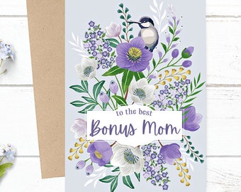 Customized - to the best Bonus Mom - Mother's Day / Birthday / Any Occasion - 5x7 PRINTED Purple Floral with Bird Greeting Card - Notecard
