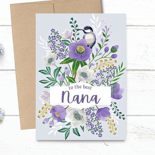 Customized - to the best Nana - Mother's Day / Birthday / Any Occasion - 5x7 PRINTED Purple Floral with Bird Greeting Card - Notecard