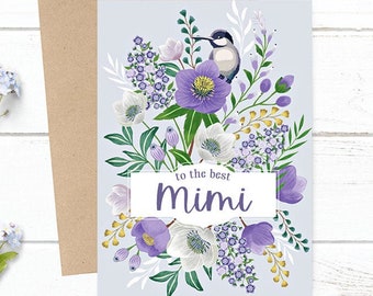 Customized - to the best Mimi - Mother's Day / Birthday / Any Occasion - 5x7 PRINTED Purple Floral with Bird Greeting Card - Notecard