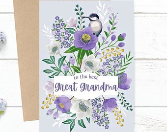 Customized - to the best Great Grandma - Mother's Day / Birthday / Any Occasion - 5x7 PRINTED Purple Floral with Bird Greeting Card Notecard