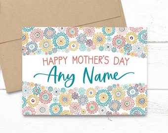 PRINTED Personalized Custom Happy Mother's Day ANY NAME Doodle Flowers -  5x7 Greeting Card - Floral Notecard