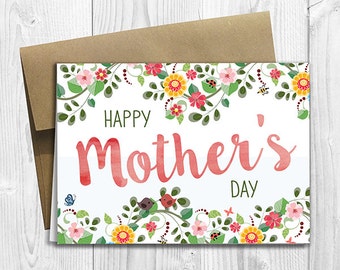 Floral Watercolor Happy Mother's Day -  5x7 PRINTED Greeting Card - Notecard