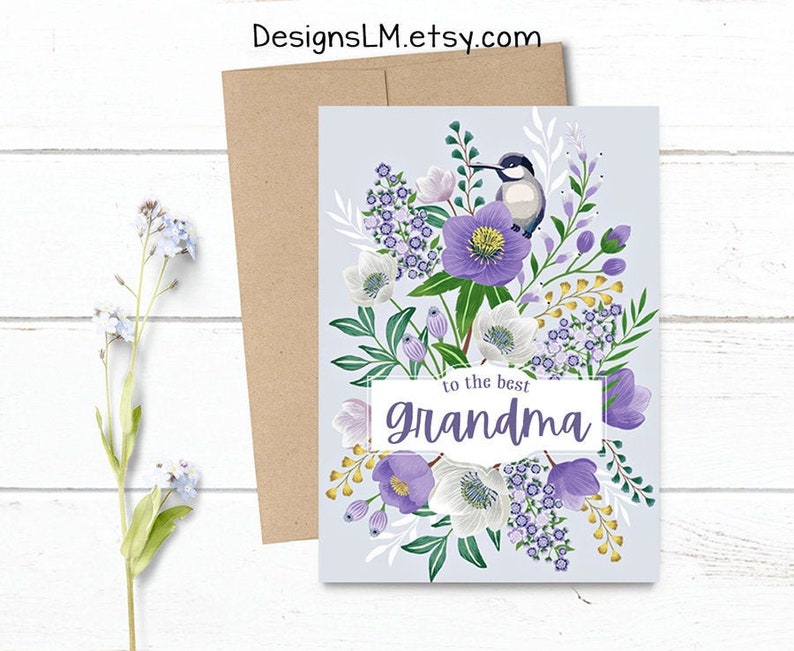 Customized to the best Grandma Mother's Day / Birthday / Any Occasion 5x7 PRINTED Purple Floral with Bird Greeting Card Notecard image 1