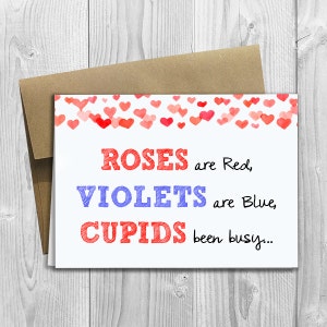 PRINTED Roses are Red, Violets are Blue, Cupids been busy... Because a BABY is due! -  Pregnancy Announcement 5x7 Greeting Card