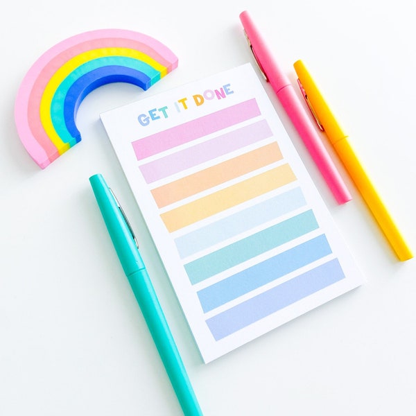 Get It Done Notepad // 50 sheets to-do list pad // illustrated colorful memo pad // 4x6 cute paper pad // rainbow to do notepad gift