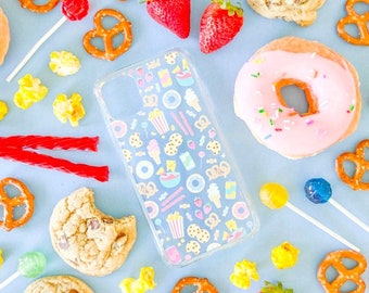 I Love Snacks iPhone Case, Clear Phone case, Food illustration, cute snack doodles, ice cream donuts yummy popcorn soda pretzels cookies