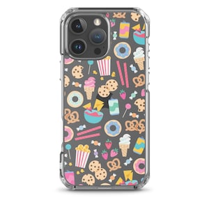 I Love Snacks iPhone Case, Clear Phone case, Illustrazione di cibo, simpatici scarabocchi di snack, ciambelle gelato buonissimi popcorn soda pretzels biscotti
