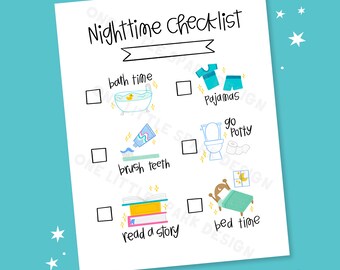 Kids Nighttime Checklist, Kids Chore Chart Printable, Routine Chart Sheets, Instant Download, Nighttime Routine, Evening Chart