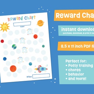 Puede incluir: Un gráfico de recompensas imprimible con un tema espacial. El gráfico tiene un cohete, planetas, estrellas y un sol. Tiene un espacio para el nombre del niño y un espacio para un premio. El gráfico mide 8,5 x 11 pulgadas.