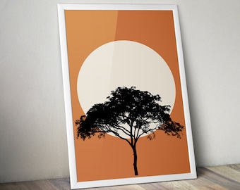 Könnte beinhalten: Ein weiß gerahmter Druck mit einem minimalistischen Design, das eine schwarze Silhouette eines Baumes vor einem großen weißen Kreis auf orangefarbenem Hintergrund zeigt.