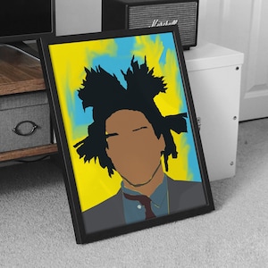 May include: A framed print of a colourful portrait of a person with a large afro. The background is a yellow and blue abstract design.