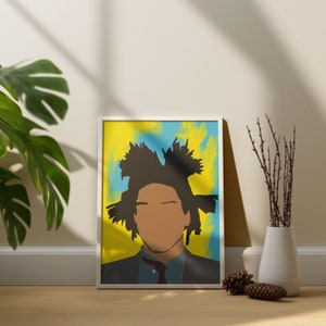 May include: A framed print of a portrait of a person with a black afro hairstyle. The background is a yellow and blue abstract design.