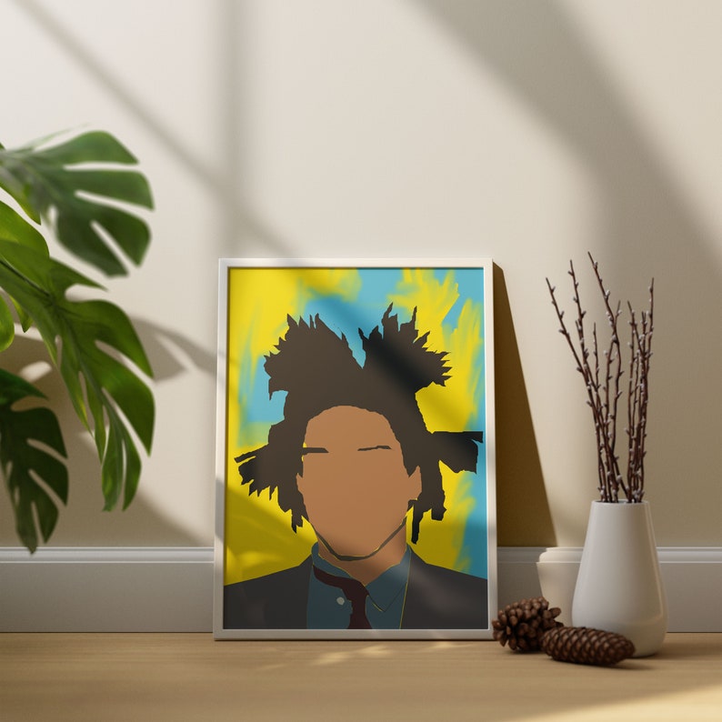 May include: A framed print of a portrait of a person with a black afro hairstyle. The background is a yellow and blue abstract design.