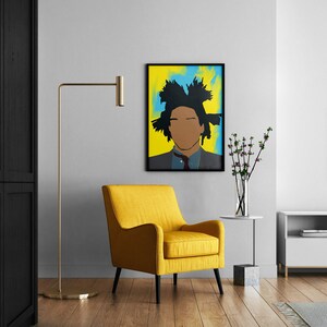 May include: A yellow armchair with black legs sits in front of a black framed painting of a person with a yellow and blue background. A gold floor lamp stands to the left of the chair. A white TV stand with a black TV on top is to the right of the chair.