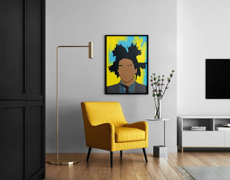 May include: A yellow armchair with black legs sits in front of a black framed painting of a person with a yellow and blue background. A gold floor lamp stands to the left of the chair. A white TV stand with a black TV on top is to the right of the chair.