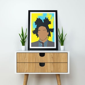 May include: A framed print of a black and white portrait of a person with a yellow and blue background. The person has a large afro and is wearing a suit and tie.