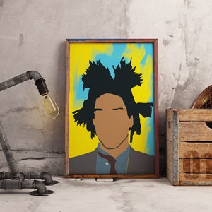 May include: A framed print of a colourful portrait of a person with a black afro. The background is yellow with blue and green accents. The print is hanging on a wall with a grey concrete texture.