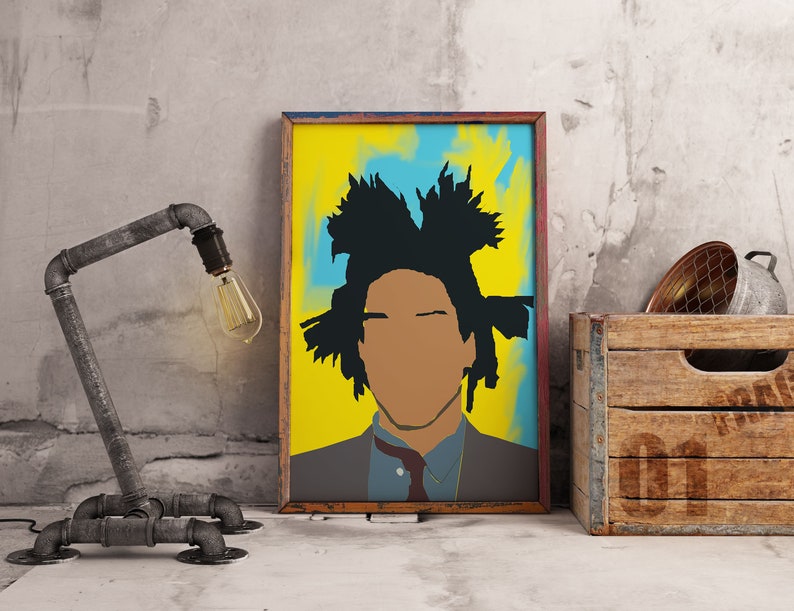 May include: A framed print of a colourful portrait of a person with a black afro. The background is yellow with blue and green accents. The print is hanging on a wall with a grey concrete texture.