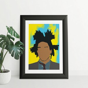 May include: A framed print of a black and white portrait of a person with an afro hairstyle. The background is a yellow and blue abstract design.