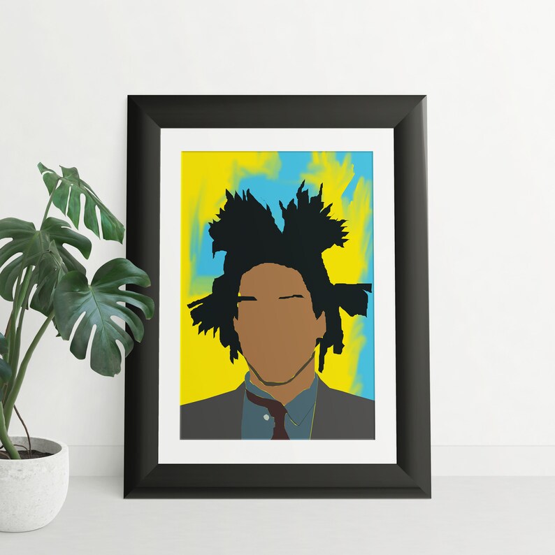 May include: A framed print of a black and white portrait of a person with an afro hairstyle. The background is a yellow and blue abstract design.