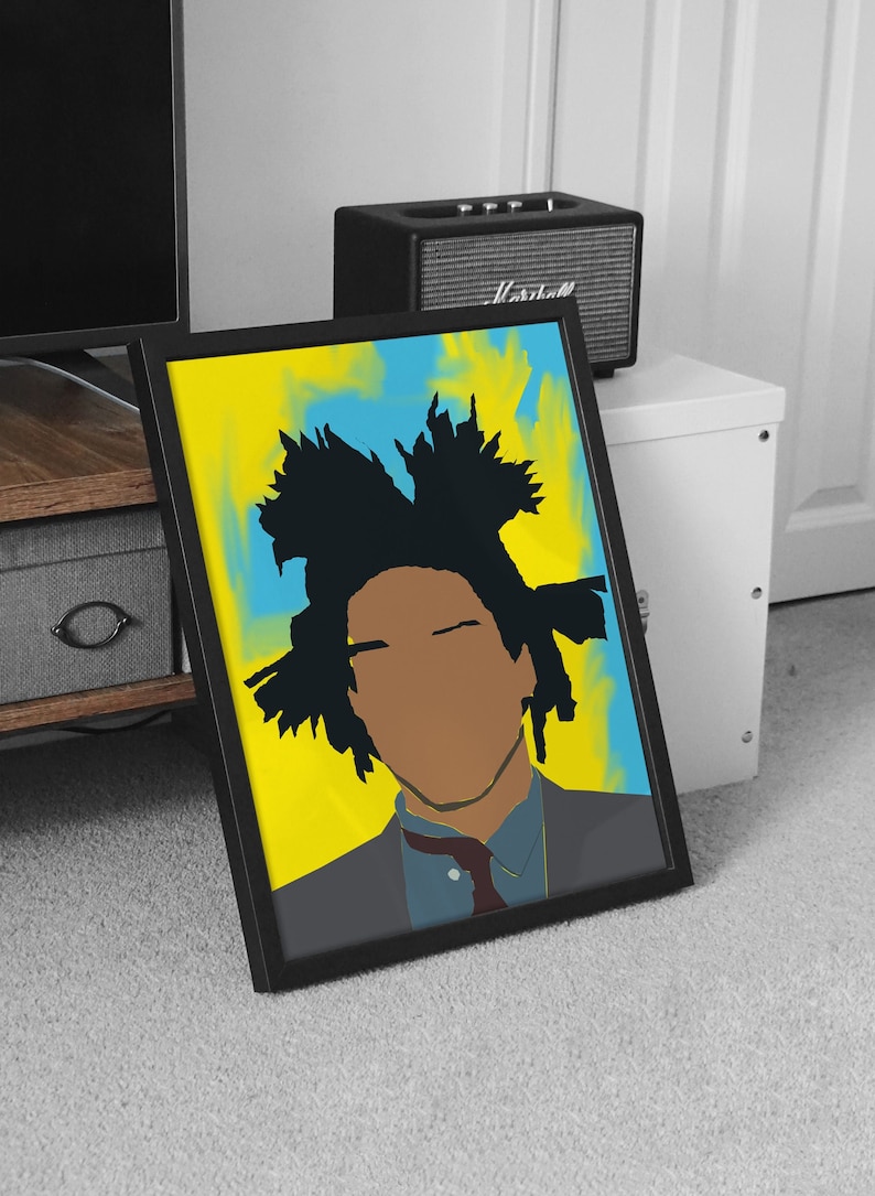 May include: A framed print of a colourful portrait of a person with a large afro. The background is a yellow and blue abstract design.