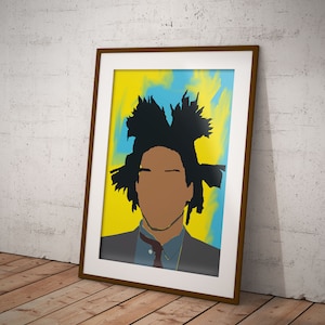 May include: A framed portrait of a person with a black afro hairstyle. The background is a yellow and blue abstract design.