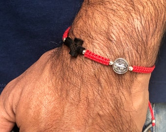 Mens Red String Macrame Bracelet: St Benedict Medal & Azabache Cross