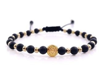 Lucky Evil Eye Natural Black Onix Stone Beaded Adjustable Bracelet for Women