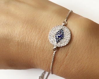 Evil Eye Bolo Bracelet, Evil Eye Chain  Bracelet, Cubic Zirconia Evil Eye, bracelet sliding Adjustable Chain Bracelet, Silver bracelet.