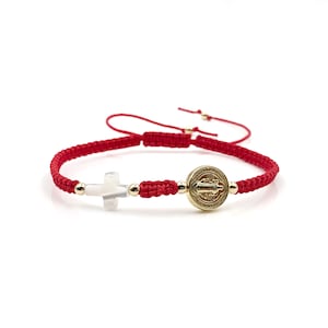 Tiny Cross Mother of Pearl Saint Benedict Red String Bracelet for Women Protection Bracelet