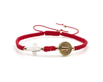 Tiny Cross Mother of Pearl Saint Benedict Red String Bracelet for Women Protection Bracelet