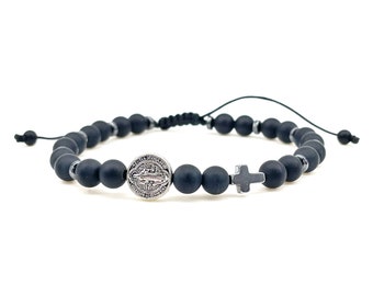Mens St Benedict Black Onyx Beaded Bracelet, Adjustable