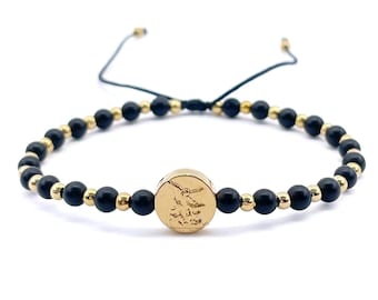 St Michael Archangel Coin and Natural Round Black Onix Beads Adjustable Bracelet for Women