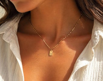 Initial Necklace 18k Gold, Personalized Letter Necklace, Rectangle Tag Pendant, Engraved Initial Charm, Dainty Gold Necklace Gift for Her