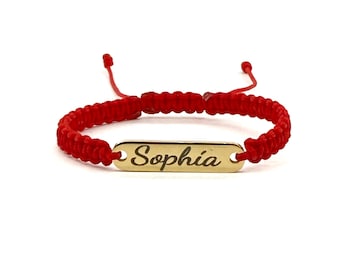 Personalized Baby Bracelet, Gold Name Plate, Red Macrame Cord