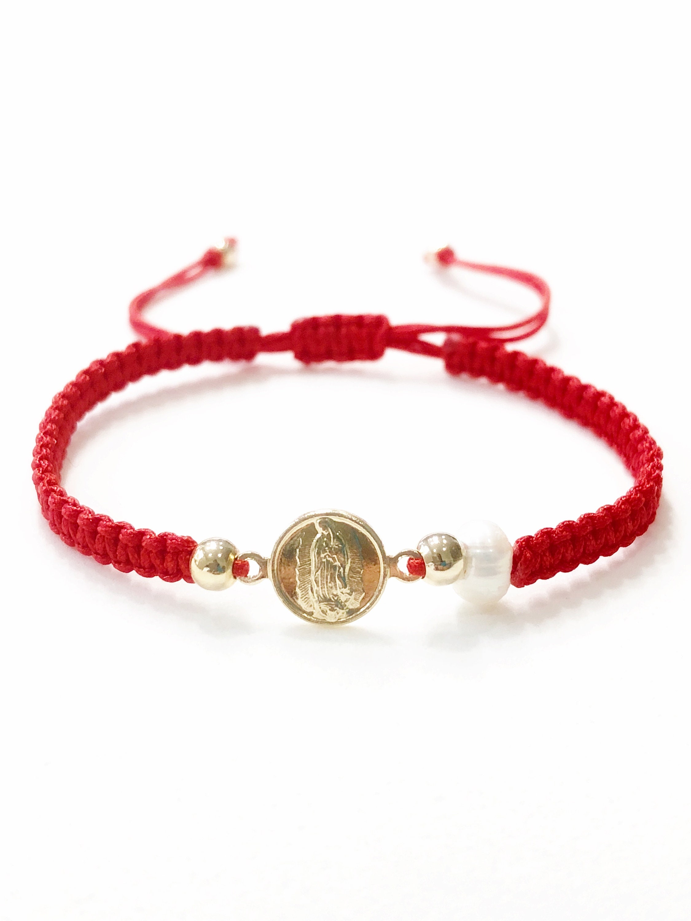 Our Lady of Guadalupe Medal and Dainty Cultured Fresh Father Pearl Adjustable Red String Bracelet - Pulsera de la Virgen de Guadalupe.