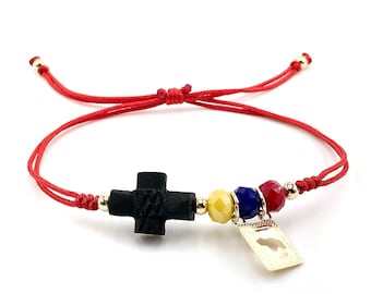 Venezuelan Pride Jet Cross Azabache Adjustable Hand-Woven Bracelet in National Flag Colors for Women