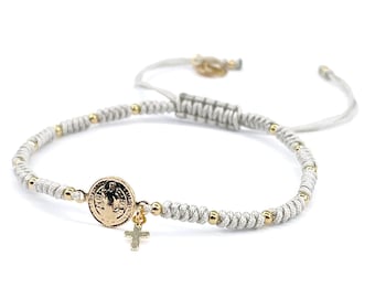 St Benedict Medal Bracelet – Ivory Macrame, Gold Plated Charm