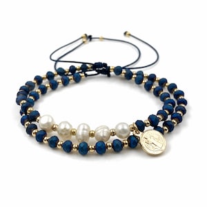 Dainty Pearl St Benedict Medal Beading Juego de pulsera ajustable para mujer