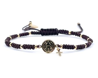 St Benedict Medal Bracelet – Macrame Brown Cord, Gold Cross Charm